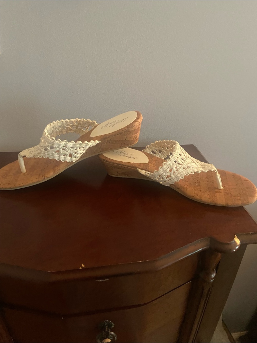Woven White Cork Wedge Thong Sandals - Women